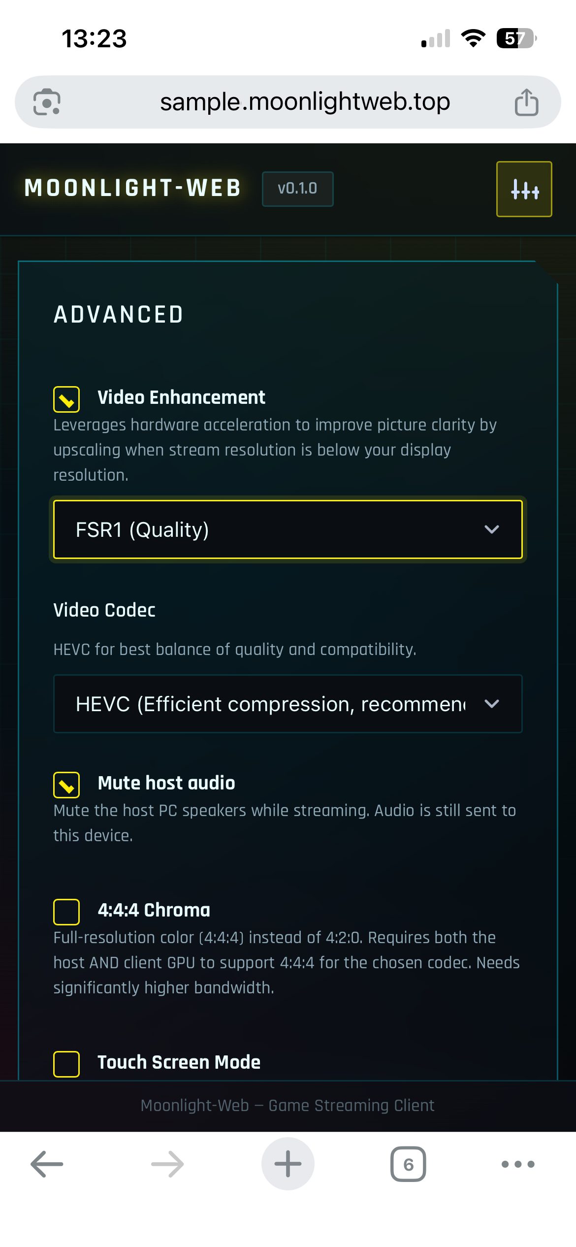 Advanced options on mobile — Video Enhancement, codec, 4:4:4 chroma