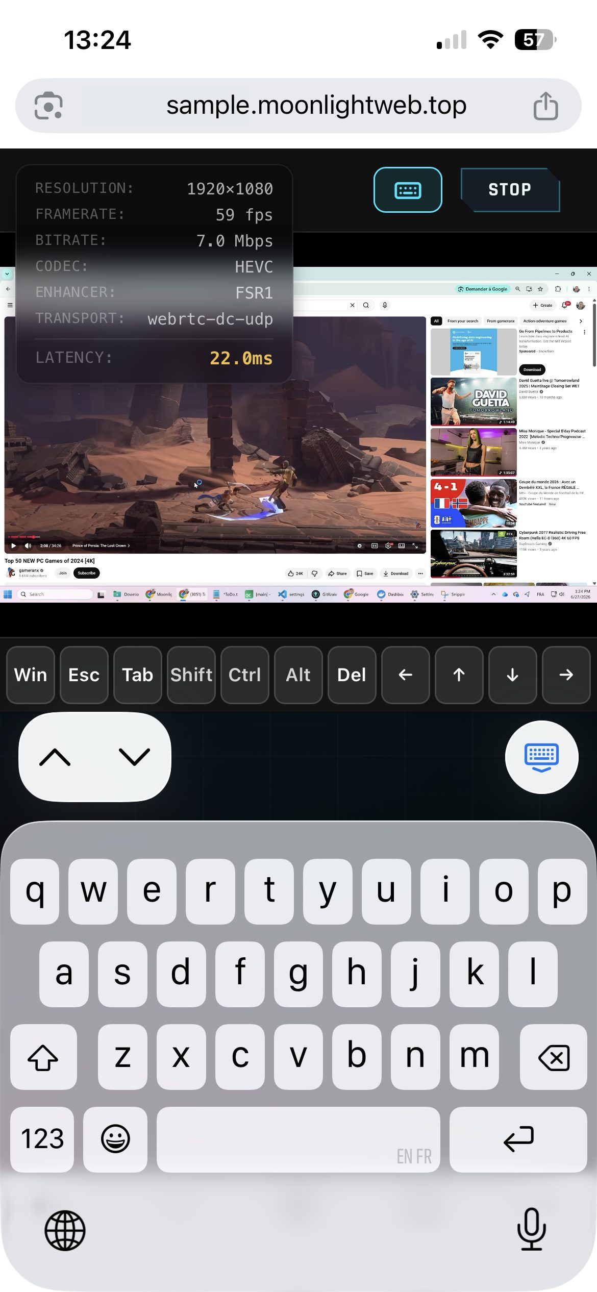 iPhone streaming a PC game in Chrome with the virtual keyboard open
